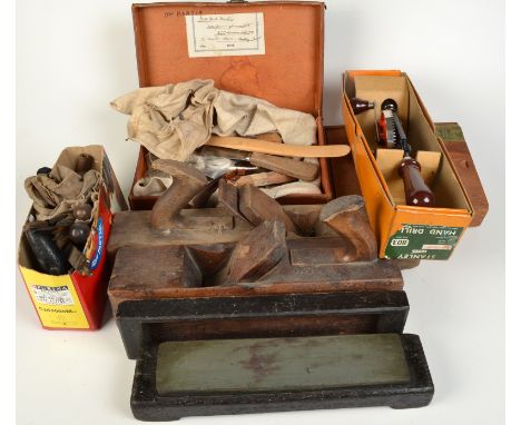 Two wooden jack planes, a Stanley 803 hand drill in its original box, an oil stone and other tools.