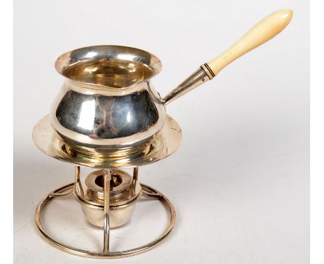 A George II style silver brandy warming pan with ivory handle, and corresponding stand with bruner, by William Hutton & Sons,