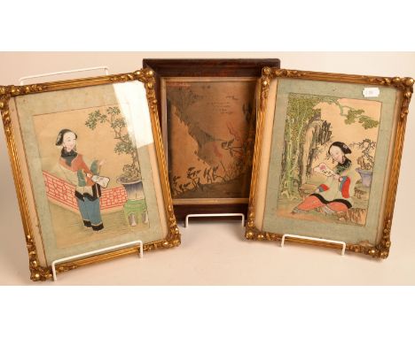 A pair of Chinese painted and collage panels, one shows a lady on a terrace, the other a seated lady, each holds a fan, toget