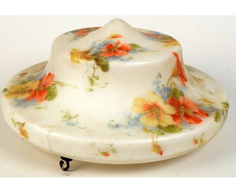 A 1930s pendant white glass lampshade with floral transfer print decorations. 