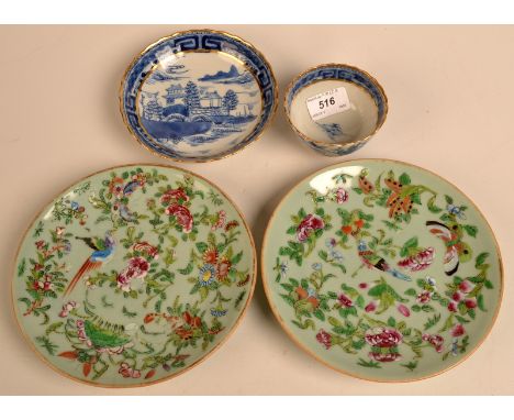 A pair of small Cantonese enamelled plates and a Chinese export blue and white cup and saucer.
 Condition Report: the Cantone