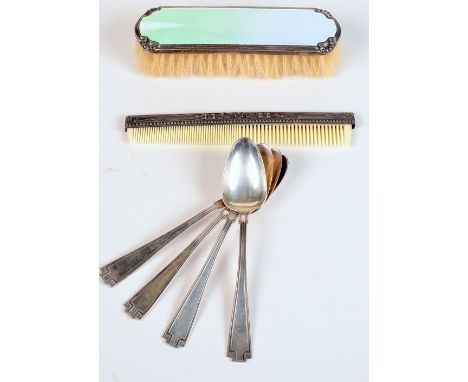 A Walker & Hall silver backed brush with pale green guilloche enamel, together with a silver cased comb and a set of four Art