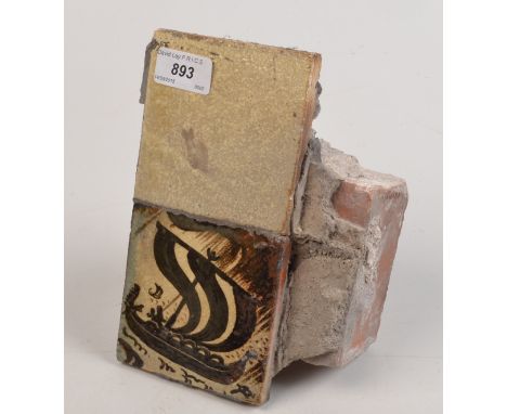 A Bernard Leach St Ives tile painted with a Norse longboat and signed with a B.L. monogram, 10 x 10cm.  It is attached with c