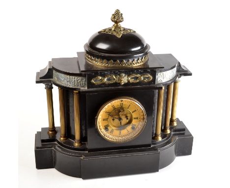 A Victorian black marble and brass temple front mantel clock with a revealed anchor escapement movement. 

 Condition Report: