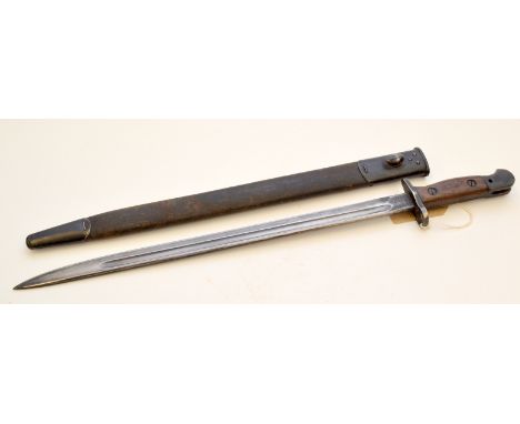 An early 20th century Wilkinson bayonet, dated 1907, in a leather sheath with metal mounts, length 55.5cm