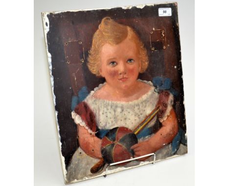 A Victorian provincial school oil on board portrait of child with her ball and whip, 42.5 x 35.8cm. 
