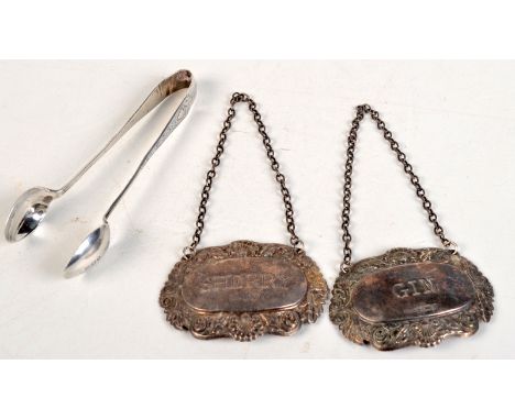 A pair of modern silver decanter labels, one for 'Gin' and the other 'Sherry', Birmingham, 1994.