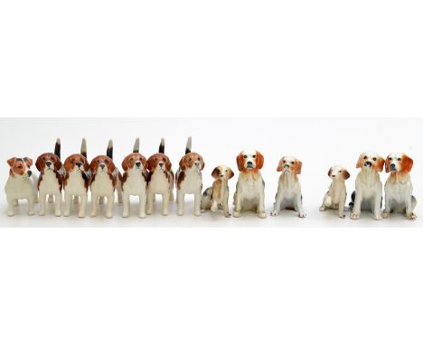 A pack of six Beswick Champion Wendover Billy hounds and a Beswick terrier, together with six hunting dogs by other factories