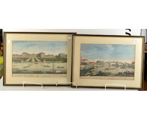 A set of four late 18th century coloured prints of London, including "A new bridge over the Thames at Hampton Court" together