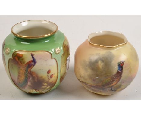 A small Royal Worcester vase with moulded panels, one painted with a peacock, together with a Worcester Stinton small vase pa