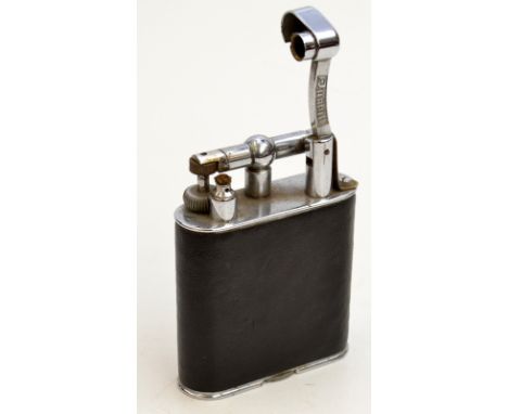 A Dunhill black leather and chrome petrol table lighter patent no.143752.