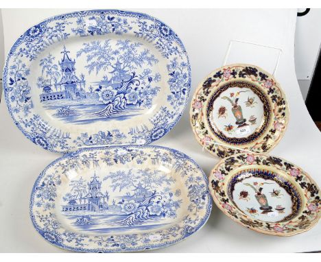 A pair of Masons Ironstone soup plates, Pattern 2240 with a central Chinese vase and scattered objects, together with a pair 