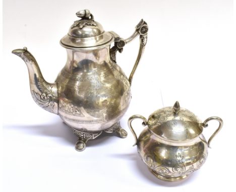 A GERMAN .800 STANDARD SUGAR BOWL AND COVER AND A CONTINENTAL PLATED COFFEE POT the sugar bowl on foot with two scroll handle