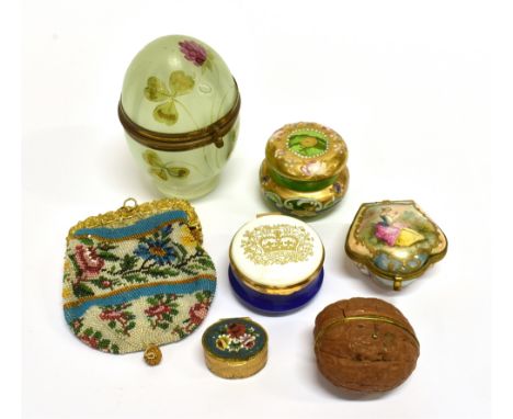 THREE PATCH BOXES a green glass egg shaped box with clover decoration; a green glass circular pot and cover with gilt decorat