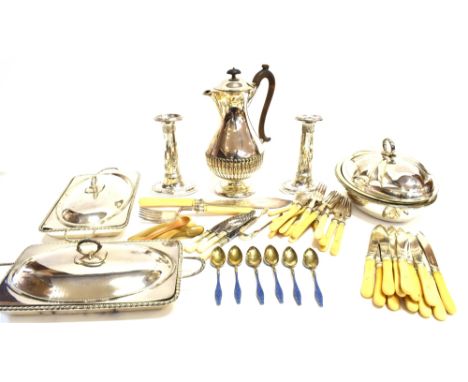 A SET OF SIX SWEDISH SILVER AND BLUE GUILLOCHE ENAMELLED COFFEE SPOONS AND A QUANTITY OF PLATED ITEMS the spoons enamelled bo