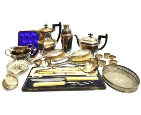 A PLATED COCKTAIL SHAKER AND A COLLECTION OF PLATED ITEMS including; an EPNS three-piece tapering cocktail shaker, marked ben