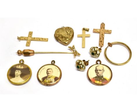 A SMALL COLLECTION OF JEWELLERY INCLUDING THREE GOLD LATIN CROSSES A pair od small emerald and white enamelled gold domed-rou