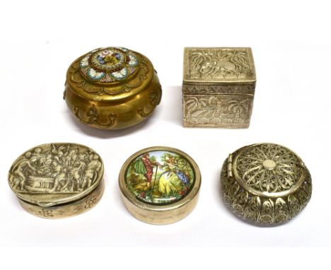 FIVE ASSORTED WHITE METAL AND OTHER PATCH BOXES one of pierced openwork design, another with the cover depicting a courting c