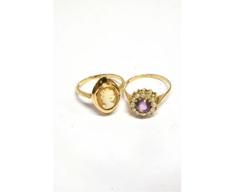 TWO 9CT GOLD AND GEM RINGS comprising; a pale amethyst and cultured pearl cluster ring, London 1970, size R, 2.3g gross; and 