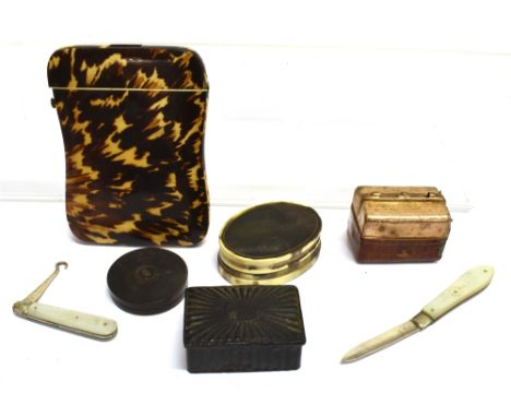 A COLLECTION OF 19TH CENTURY OBJECTS INCLUDING A TORTOISESHELL VENEERED CARD CASE with concave sides, 10.5cm high (approx. 4i