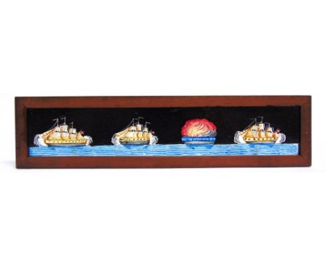 FIFTEEN HAND-PAINTED MAHOGANY-FRAMED MAGIC LANTERN STRIP SLIDES  the subjects including sailing ships joined in battle; and m