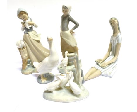 THREE VARIOUS LLADRO FIGURES  and two Nao goose figures, the largest 24cm high