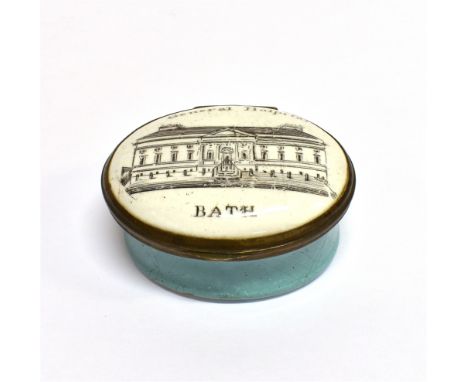 GENERAL HOSPITAL BATH - AN OVAL BILSTON ENAMEL PATCH BOX 18th century, the light green base with hinged white cover, decorate