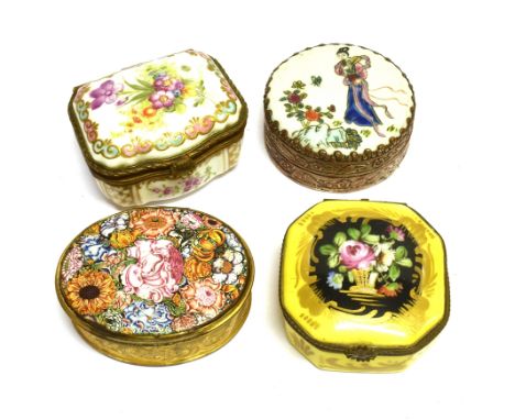 A GROUP OF FOUR PATCH BOXES OR SNUFF BOXES  including a Chinese white metal example with enamelled cover depicting a lady in 