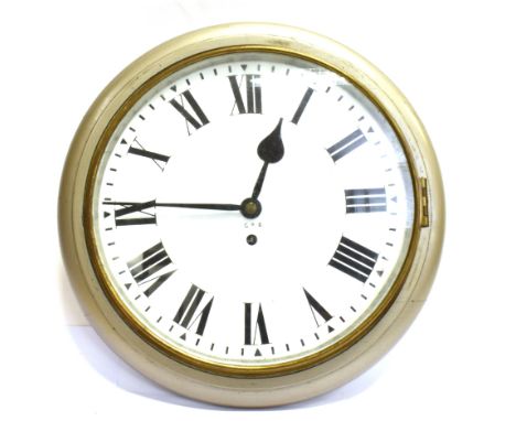A GPO WALL CLOCK WITH FUSEE MOVEMENT  the 12 inch dial with Roman numerals, inscribed 'GPO' in painted mahogany case, 38cm di