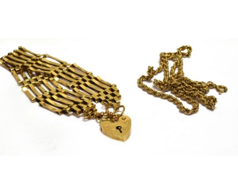 A 9CT GOLD FIVE BAR GATE BRACELET AND A ROPE NECKLACE the gate bracelet on a padlock clasp, London 1979, 10.5g; the modern 9c