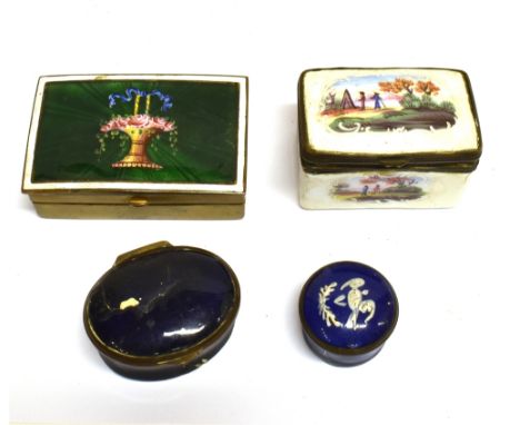 THREE BILSTON ENAMEL PATCH BOXES and another with basket of flowers decoration (4)