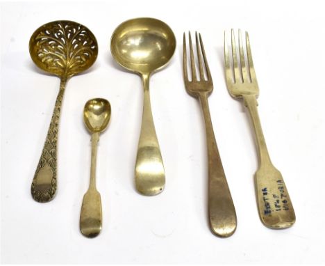 A COLLECTION OF GEORGE III AND LATER SILVER FLATWARE comprising; a George III Irish old English pattern table fork, mark prob