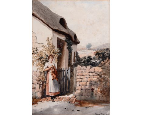 HARRY FRIER (BRITISH, 1849-1921)  Lady beside a cottage gate,  watercolour, signed and dated '1901' lower right, 35.5cm x 24c