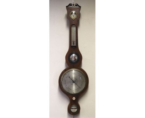 A GEORGE III MAHOGANY BANJO BAROMETER/THERMOMETER/HYDROMETER signed J. Schalfino, Taunton, 98cm high.