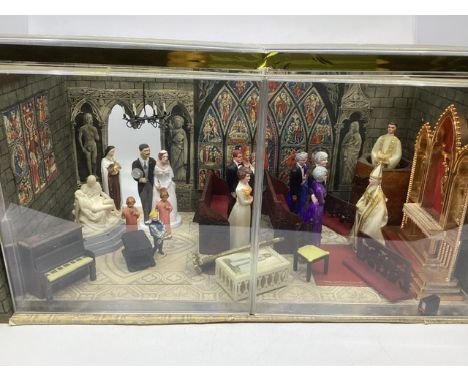 Vintage built church chapel wedding model scene c 18&rdquo; x 9&rdquo; approx as a guide diorama dolls box house, with plasti