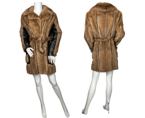 A vintage 1970s leather and mink&nbsp; 2/3 length coat, in pastel mink with dark chocolate leather panelling and fur belt. Ta