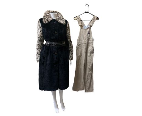A 1970s belted faux fur coat in black with leopard print sleeves sz M, 1970s flared leg workwear dungarees with zip front by 