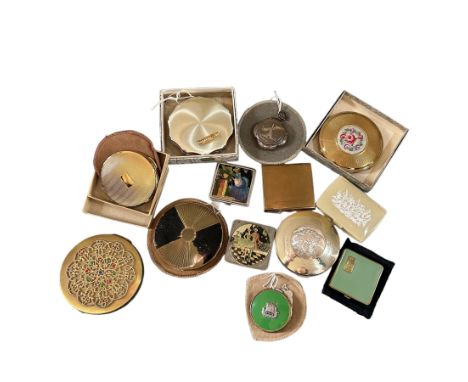 A collection of 13 vintage compacts to include a bejewelled gilt Rimmel compact, mid-century, a 1960s silver tone Kigu compac