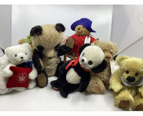    Vintage Teddy bears, to include a Chiltern 1950 ( no label) 12” panda in mohair with velvet pads, a Merrythought fully joi