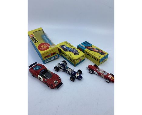 Corgi Vintage toy die cast interest 1960s ; A Ferrari 206 Dino sport boxed car, a 154 Ferrari boxed racing car and a 156 Coop