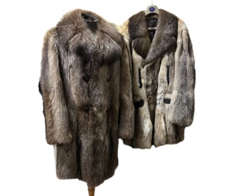 Two vintage men's fur coats, one in fox with a nutria collar c1970s by Ibbas having four outer pockets with leather trim and 