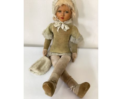 Deans &nbsp;Ragbook doll ; 40&rdquo; Antique large Skater cloth doll with mask face ( gold velvet version) with skaters fur t