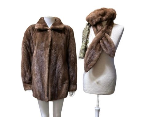 A sable fur swagger jacket c1950s with matching tippet and similar hat along with a silk scarf. The jacket having balloon sle
