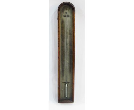 Antique stained wooden cased thermometer with arched top and steel dial, 29cm 