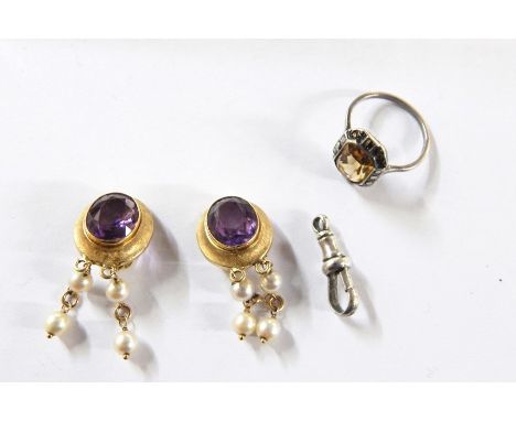 Pair of textured gold, amethyst and pearl drop earrings, the textured gold rubover setting to oval faceted amethyst with drop