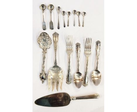 Pair old fiddle pattern salt spoons, small quantity condiment spoons, large continental serving fork marked 'Sterling Silver'