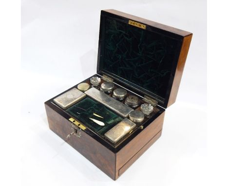 Victorian mother of pearl inlaid figured walnut vanity box, with silver plated cut glass toilet bottles, jars and boxes, side