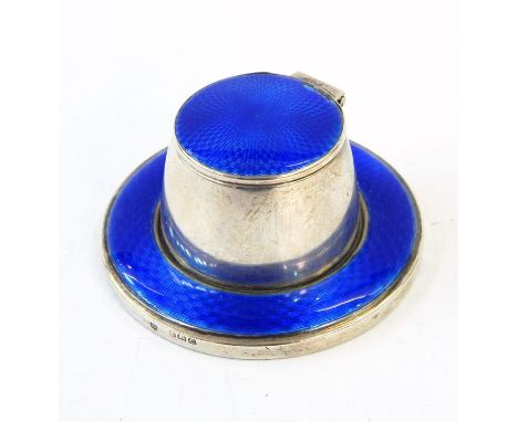 20th century and blue enamel inkwell with clear glass liner, Birmingham 1927, makers stamp indistinct, 8.5cm diameter 