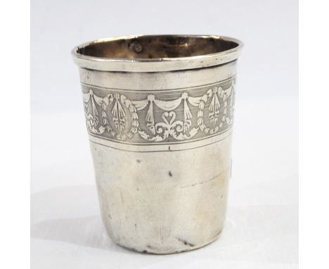Old French silver-coloured metal beaker of typical form and having engine-turned band with swags and laurel wreaths to the bo