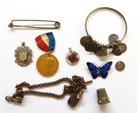 Silver and enamel butterfly brooch, silver medallion fob and other jewellery items 